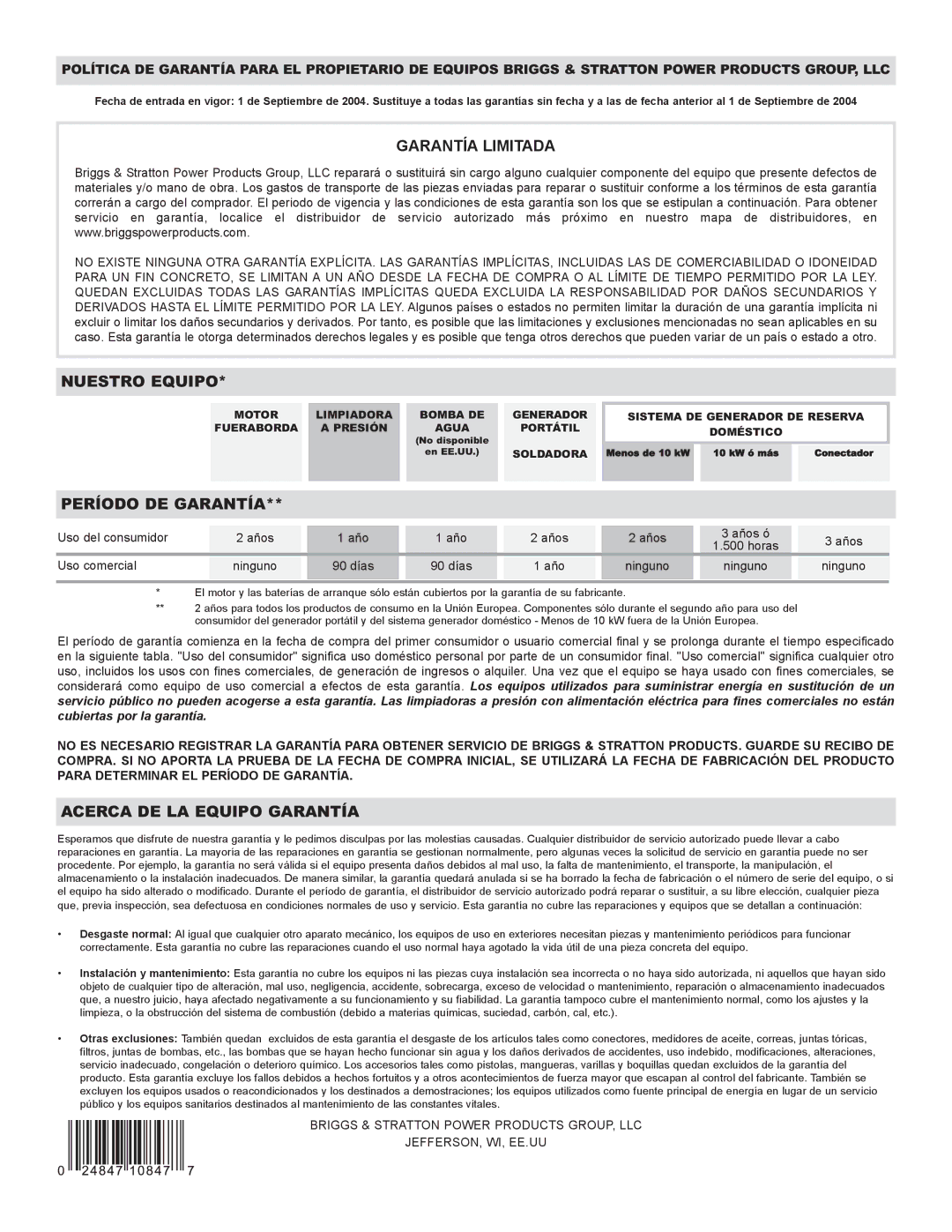 Briggs & Stratton 030222 owner manual Garantía Limitada 