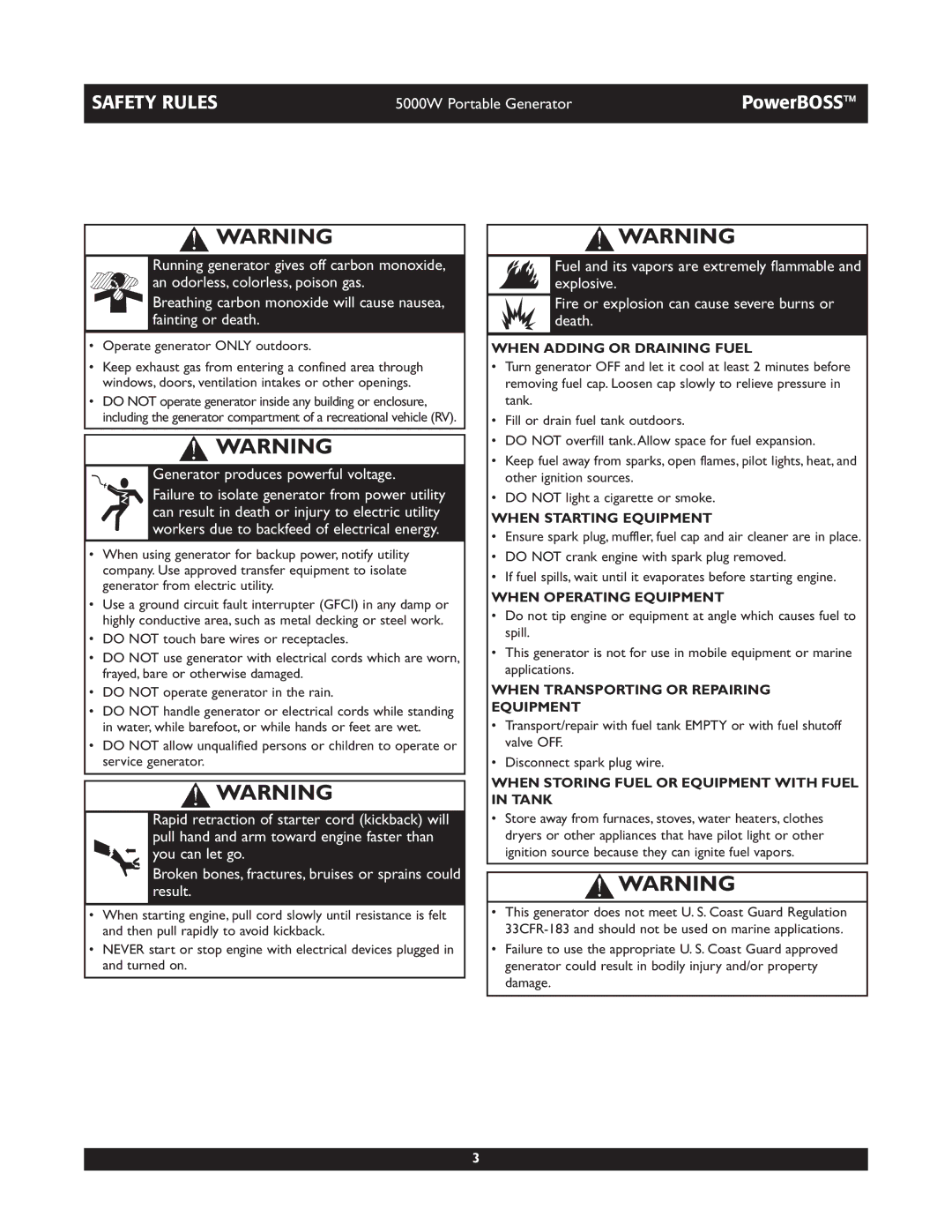 Briggs & Stratton 030222 owner manual When Adding or Draining Fuel, When Starting Equipment, When Operating Equipment 