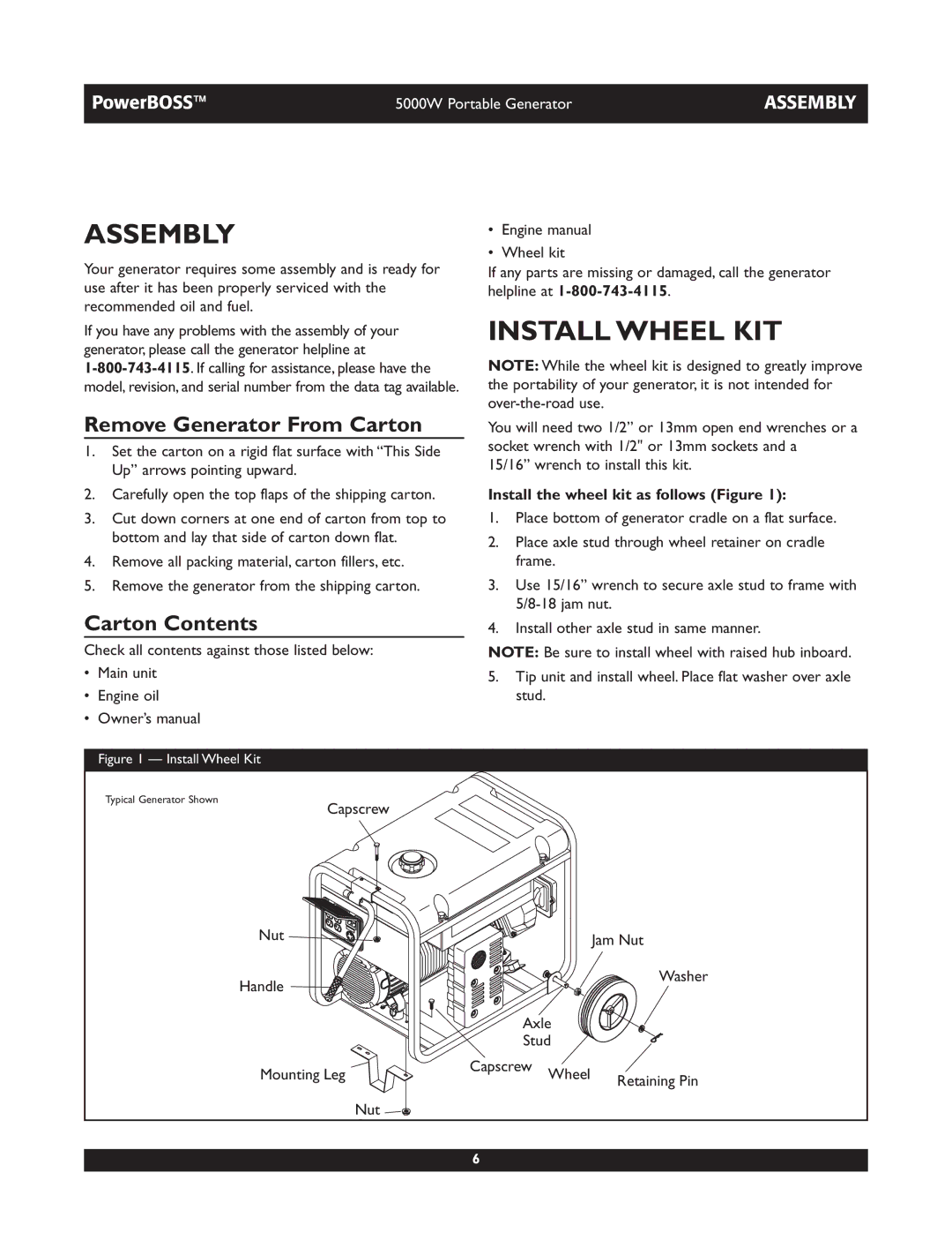 Briggs & Stratton 030222 owner manual Assembly, Install Wheel KIT, Remove Generator From Carton, Carton Contents 