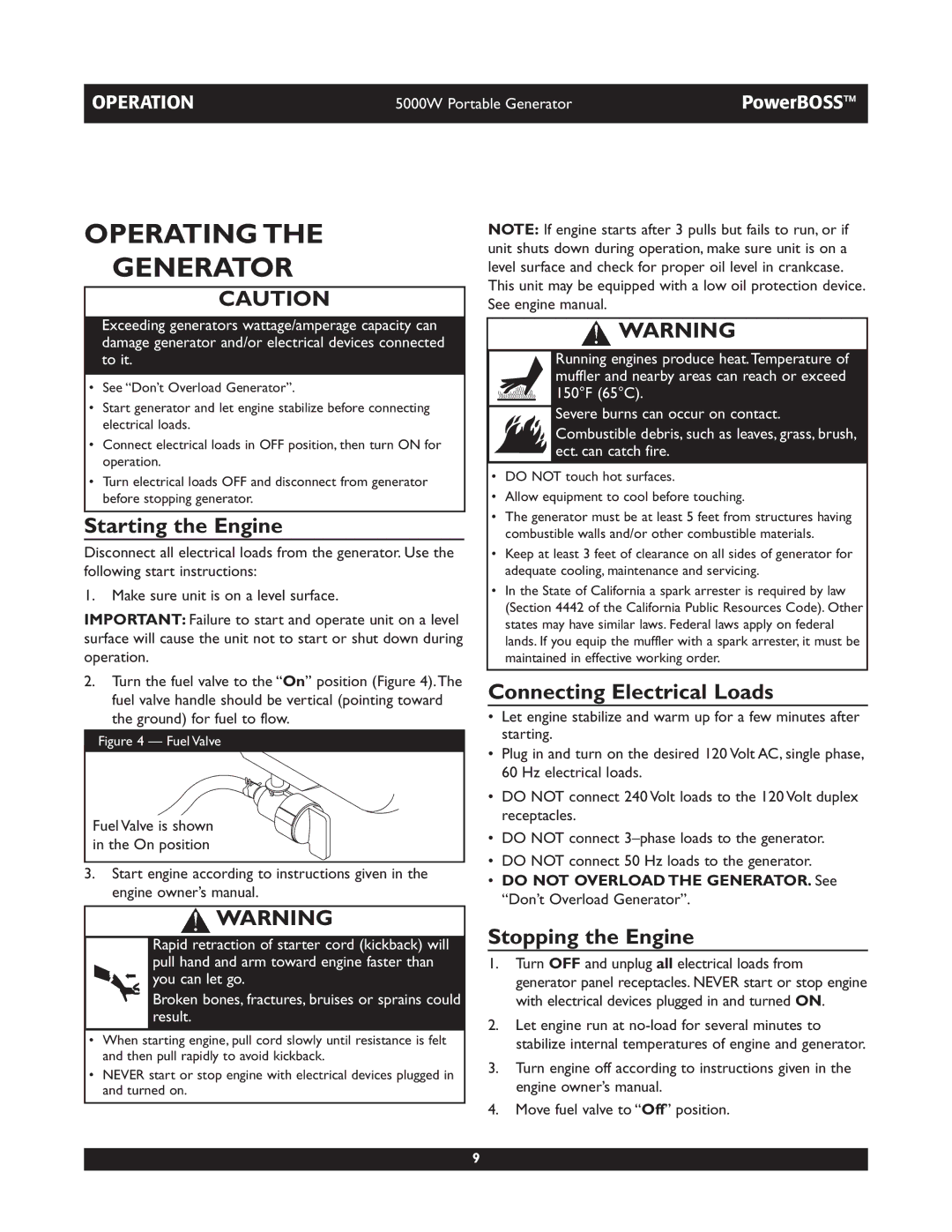 Briggs & Stratton 030222 Operating Generator, Starting the Engine, Connecting Electrical Loads, Stopping the Engine 