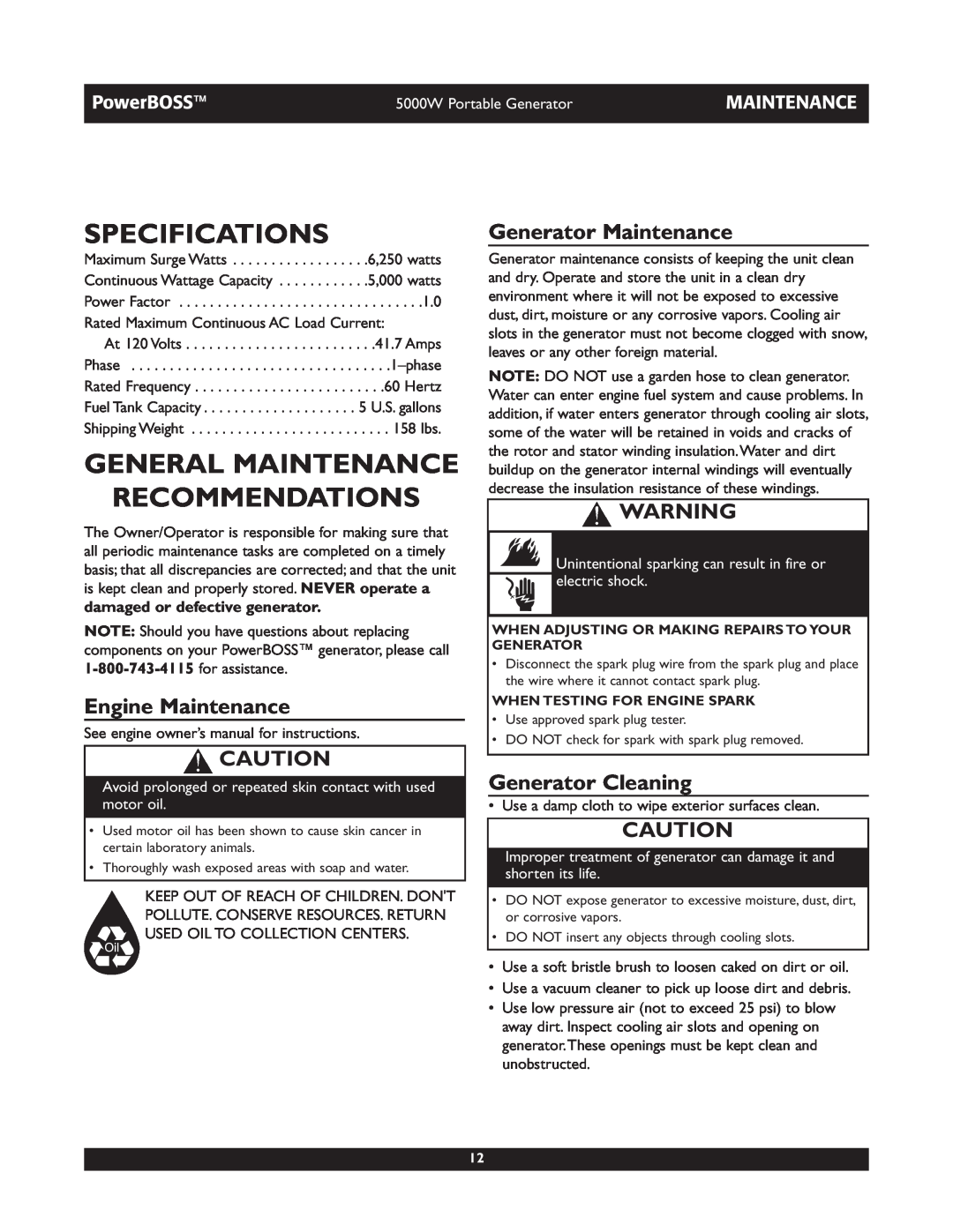Briggs & Stratton 030222 Specifications, General Maintenance Recommendations, Engine Maintenance, Generator Maintenance 
