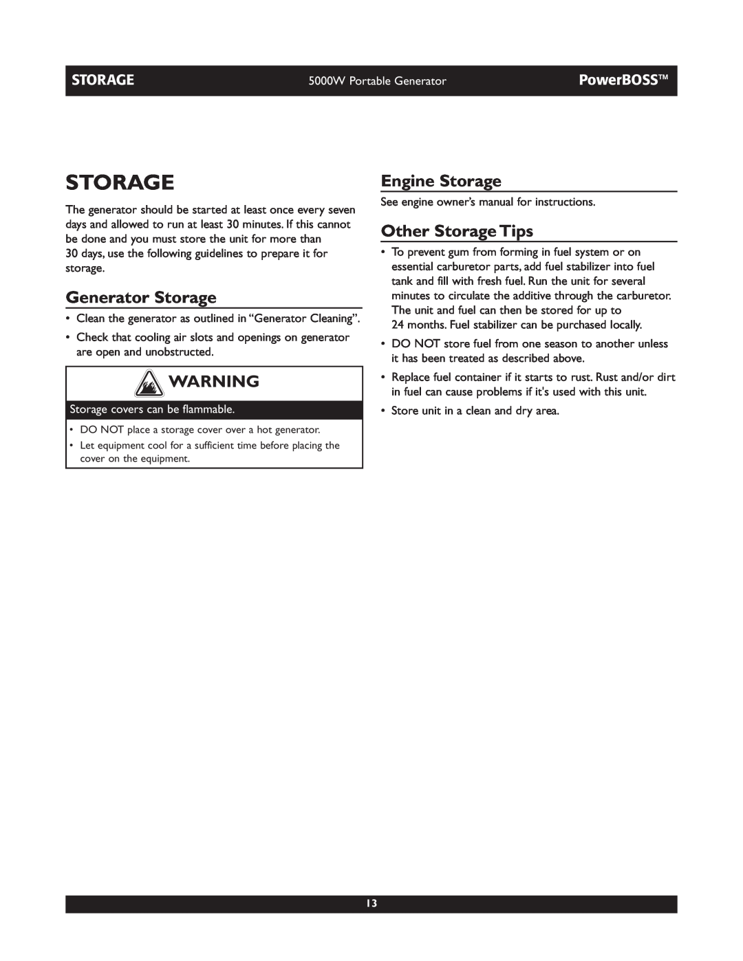 Briggs & Stratton 030222 Generator Storage, Engine Storage, Other Storage Tips, Storage covers can be flammable 