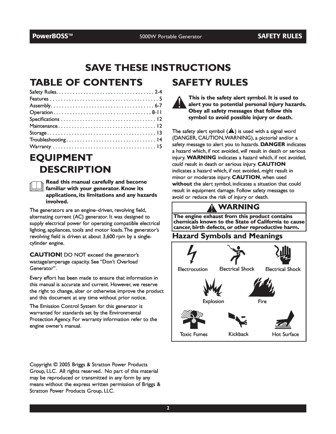 Briggs & Stratton 030222 Save These Instructions, Table Of Contents, Equipment Description, Safety Rules, PowerBOSS 