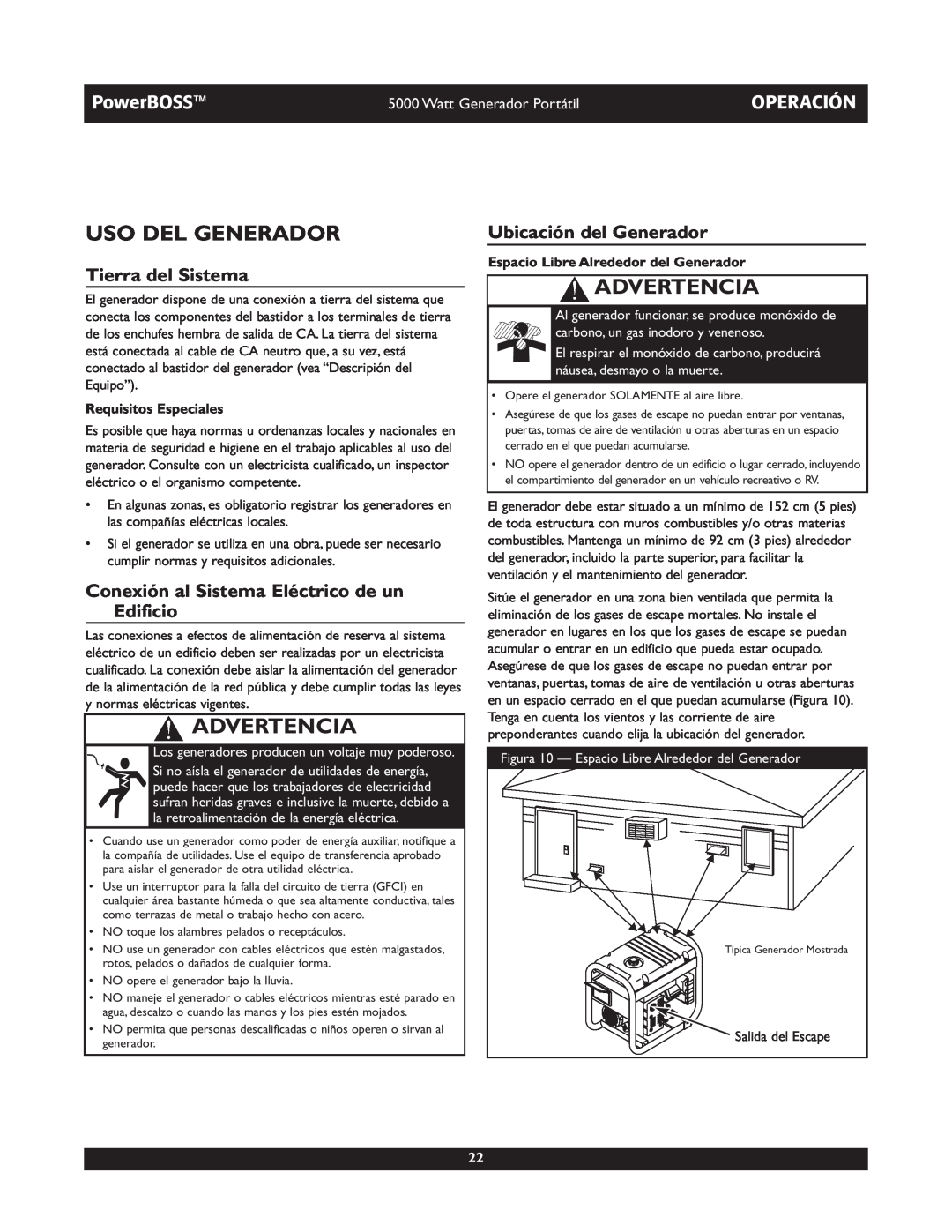 Briggs & Stratton 030222 Uso Del Generador, Operación, Tierra del Sistema, Ubicación del Generador, Advertencia, PowerBOSS 