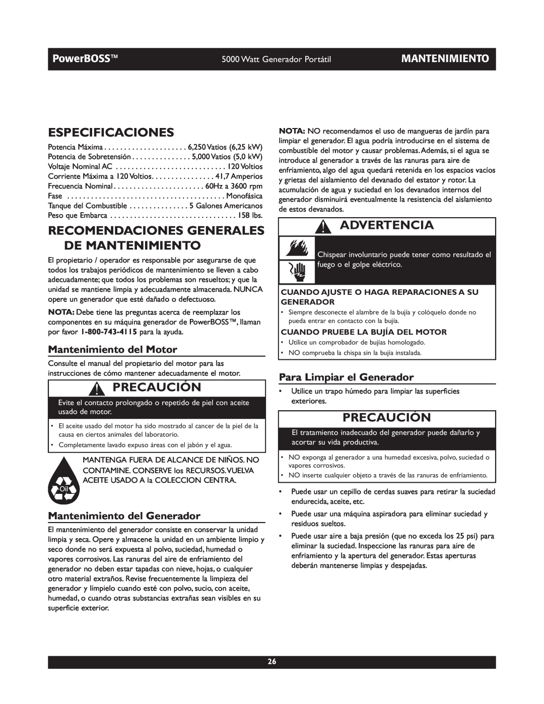 Briggs & Stratton 030222 Especificaciones, Recomendaciones Generales De Mantenimiento, Mantenimiento del Motor, Precaución 