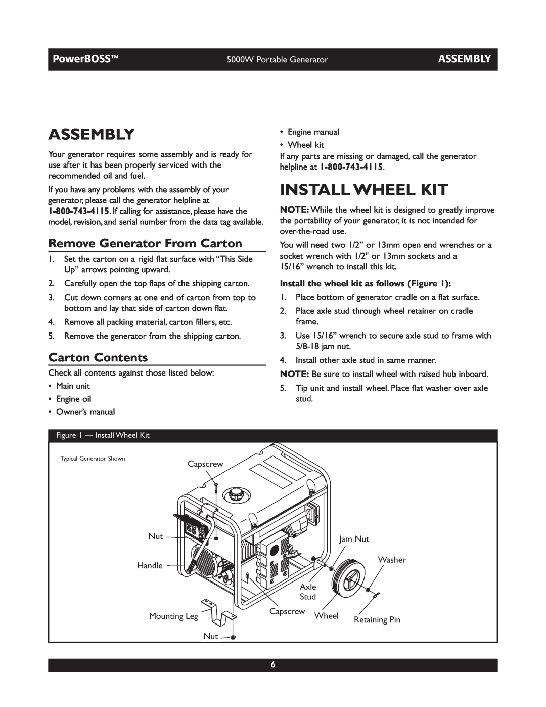 Briggs & Stratton 030222 owner manual Assembly, Install Wheel Kit, Remove Generator From Carton, Carton Contents, PowerBOSS 