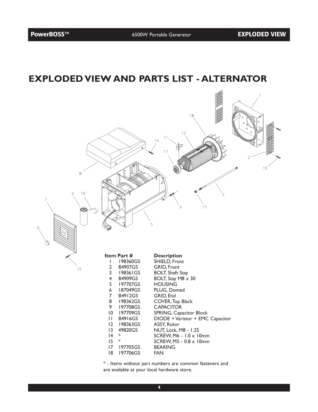 Briggs & Stratton 030227 manual Exploded View And Parts List - Alternator, PowerBOSS, 6500W Portable Generator, Description 