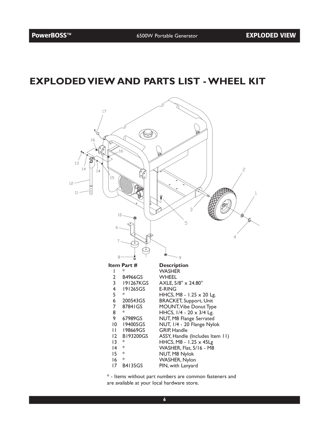 Briggs & Stratton 030227 manual Exploded View And Parts List - Wheel Kit, PowerBOSS, 6500W Portable Generator, Description 