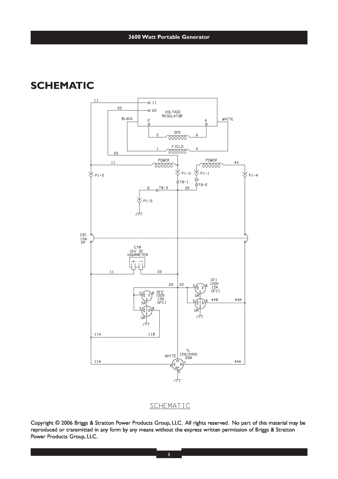 Briggs & Stratton 030231 manual Schematic, Watt Portable Generator 