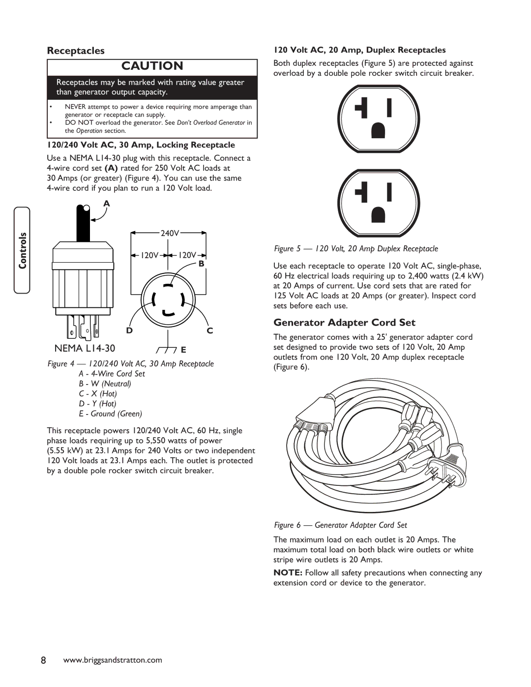 Briggs & Stratton 030235-01 manual Receptacles, Generator Adapter Cord Set, 120/240 Volt AC, 30 Amp, Locking Receptacle 