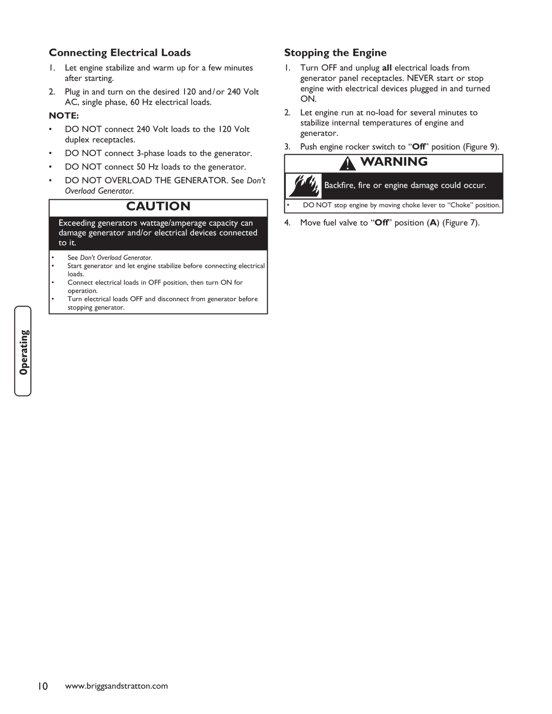 Briggs & Stratton 030235-01 manual Connecting Electrical Loads, Stopping the Engine 