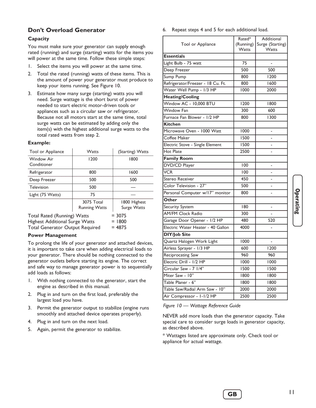 Briggs & Stratton 030235-01 manual Don’t Overload Generator, Capacity, Example, Power Management 