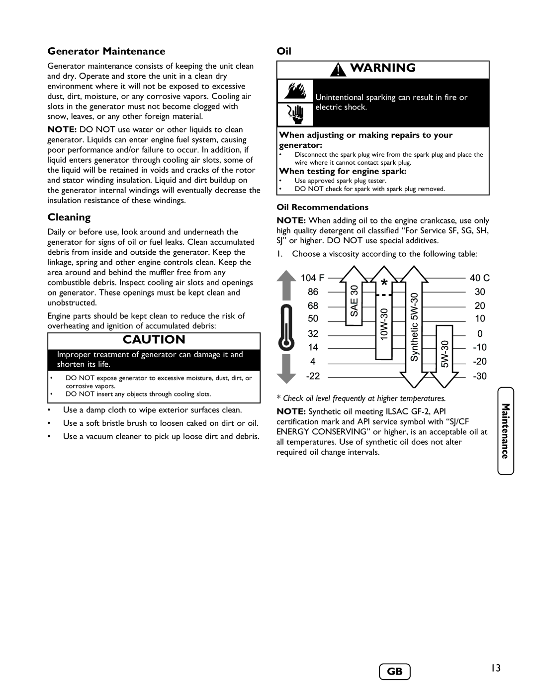 Briggs & Stratton 030235-01 manual Generator Maintenance, Cleaning, Oil Recommendations 