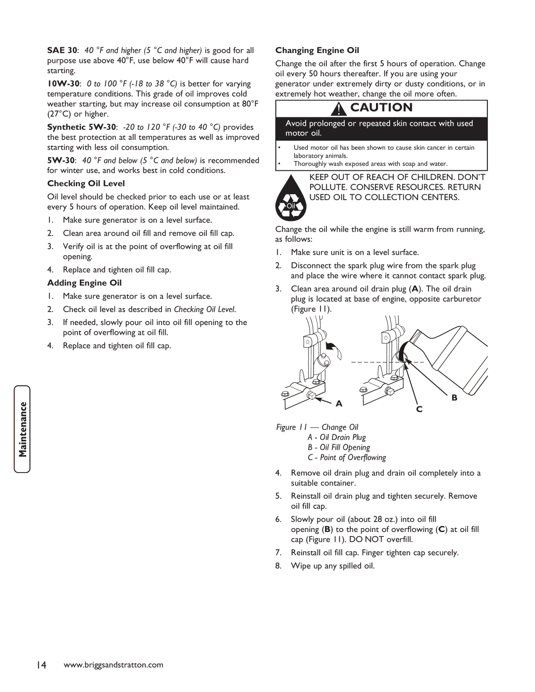 Briggs & Stratton 030235-01 manual Checking Oil Level, Adding Engine Oil, Changing Engine Oil 