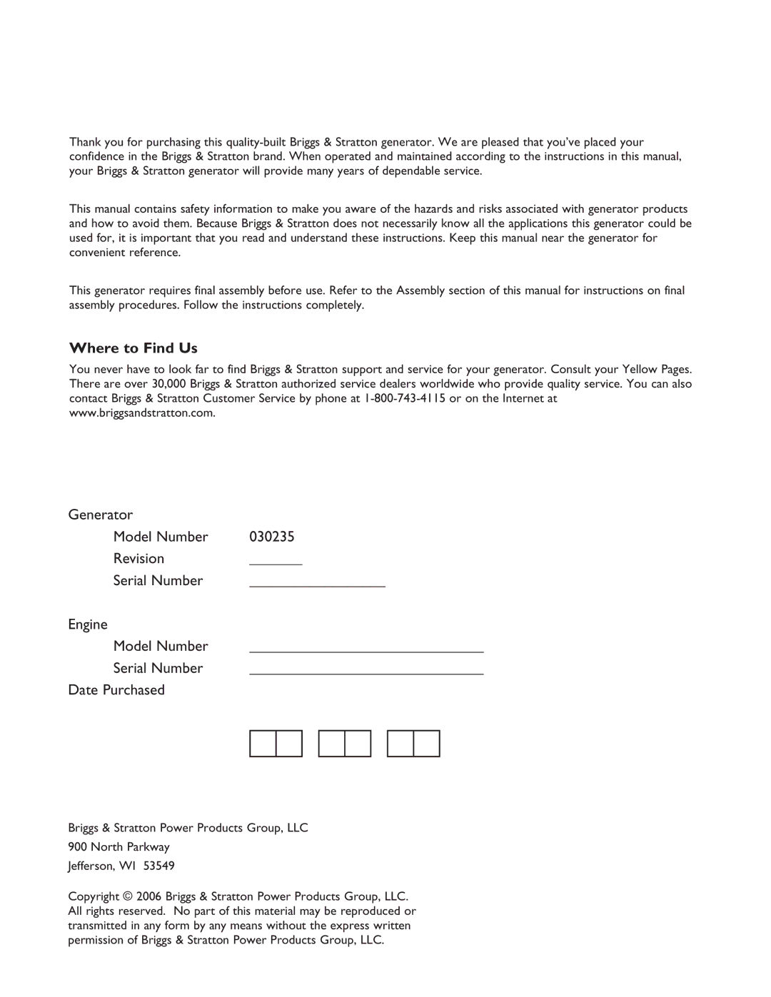 Briggs & Stratton 030235-01 manual Where to Find Us, Revision Serial Number Engine Model Number Date Purchased 