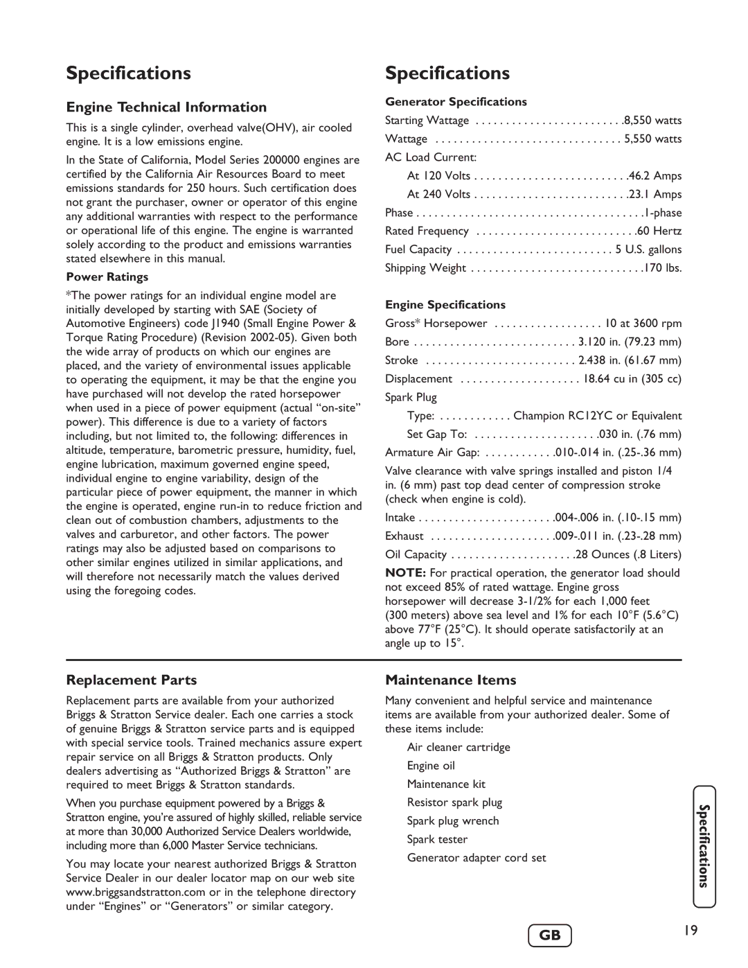 Briggs & Stratton 030235-01 manual Specifications, Engine Technical Information, Replacement Parts, Maintenance Items 