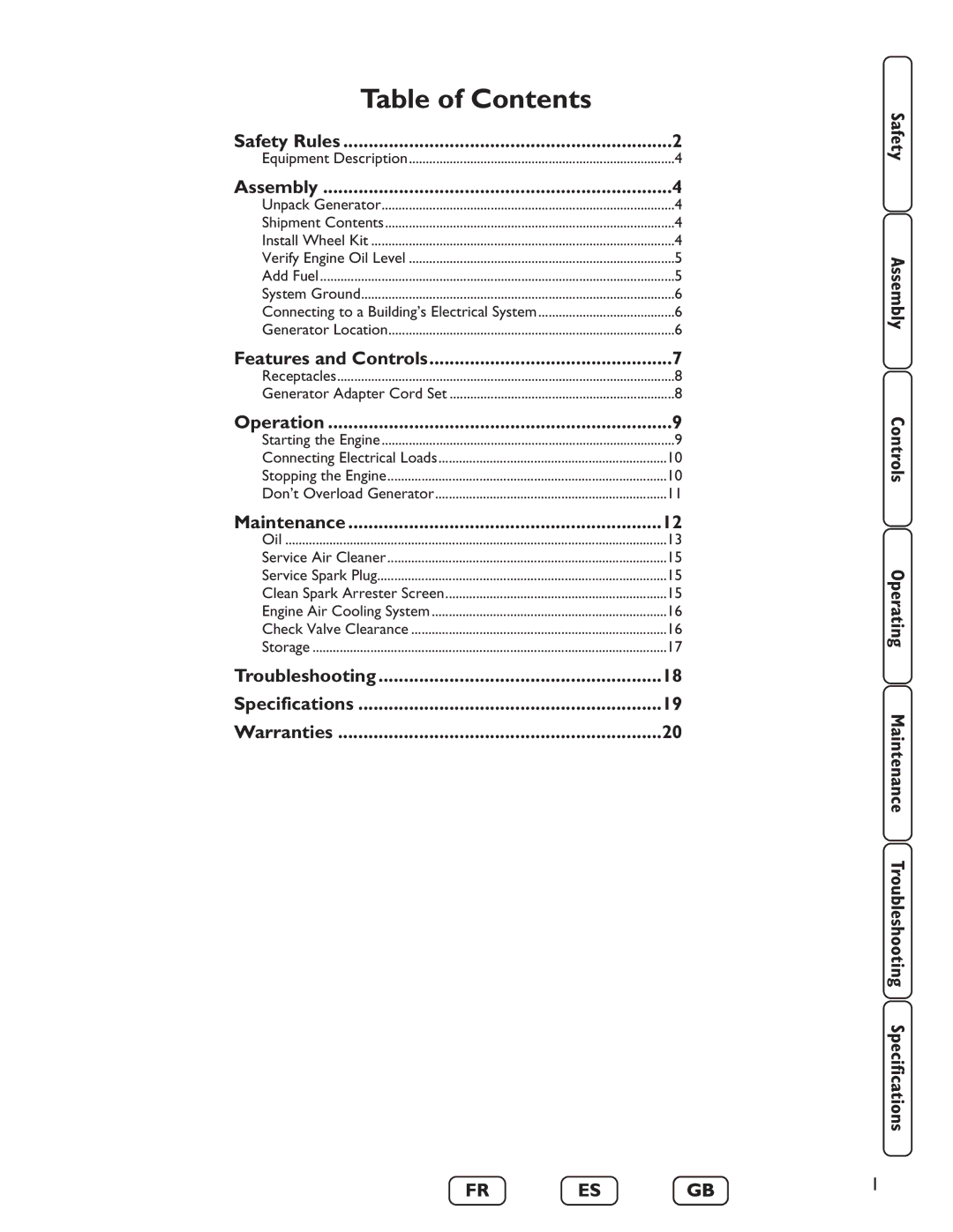 Briggs & Stratton 030235-01 manual Table of Contents 