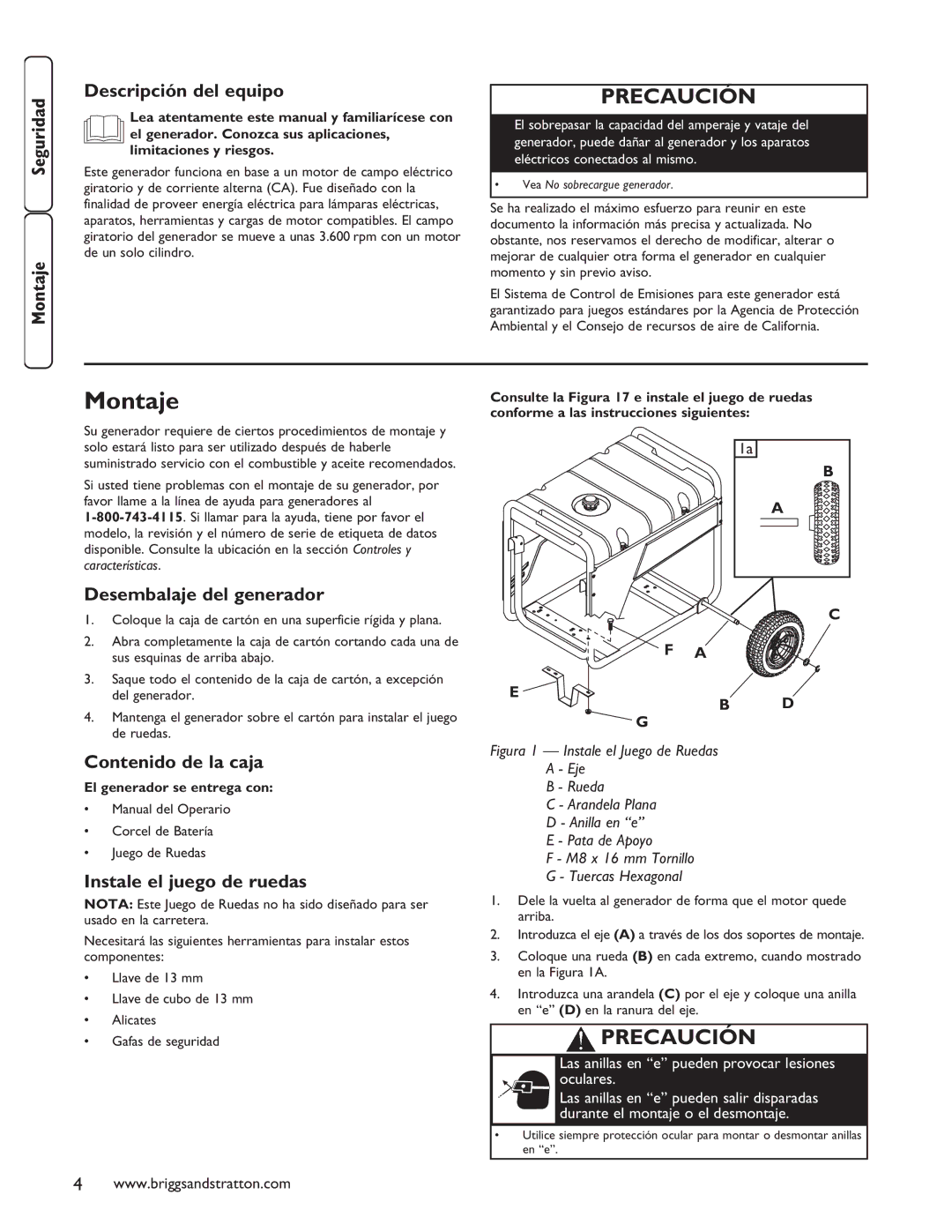 Briggs & Stratton 030235-01 manual Montaje, Descripción del equipo, Desembalaje del generador, Contenido de la caja 