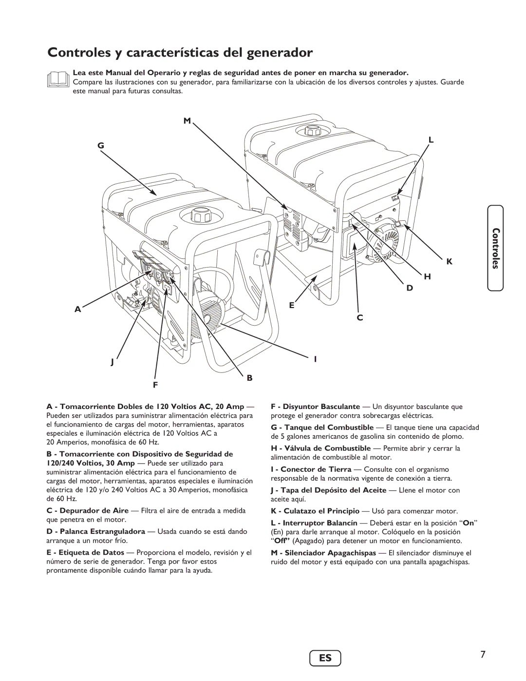 Briggs & Stratton 030235-01 manual Controles y características del generador 