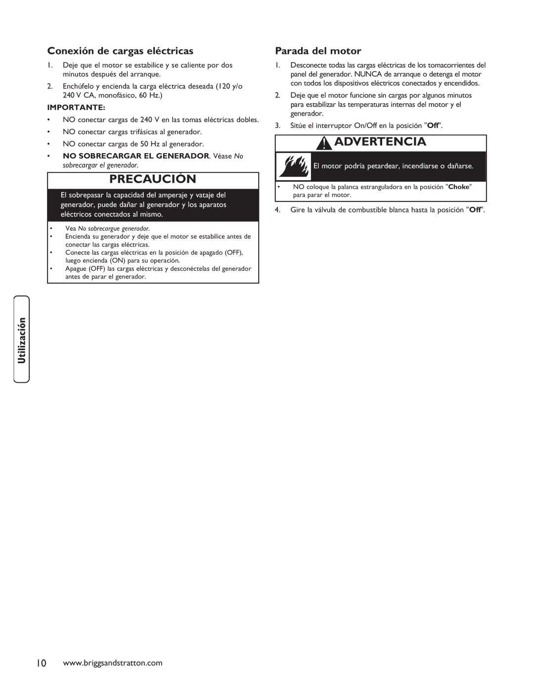 Briggs & Stratton 030235-01 manual Conexión de cargas eléctricas, Parada del motor 