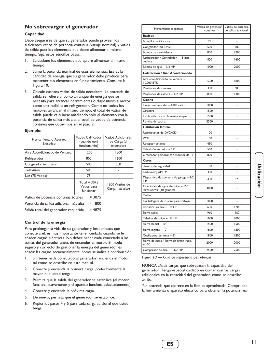 Briggs & Stratton 030235-01 manual No sobrecargar el generador, Capacidad, Ejemplo, Control de la energía 