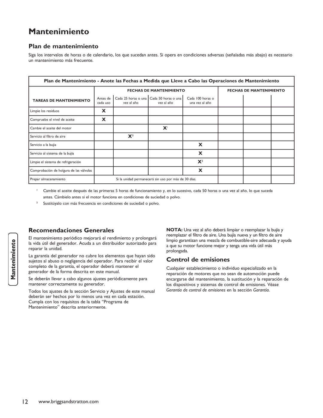 Briggs & Stratton 030235-01 manual Mantenimiento, Plan de mantenimiento, Recomendaciones Generales, Control de emisiones 