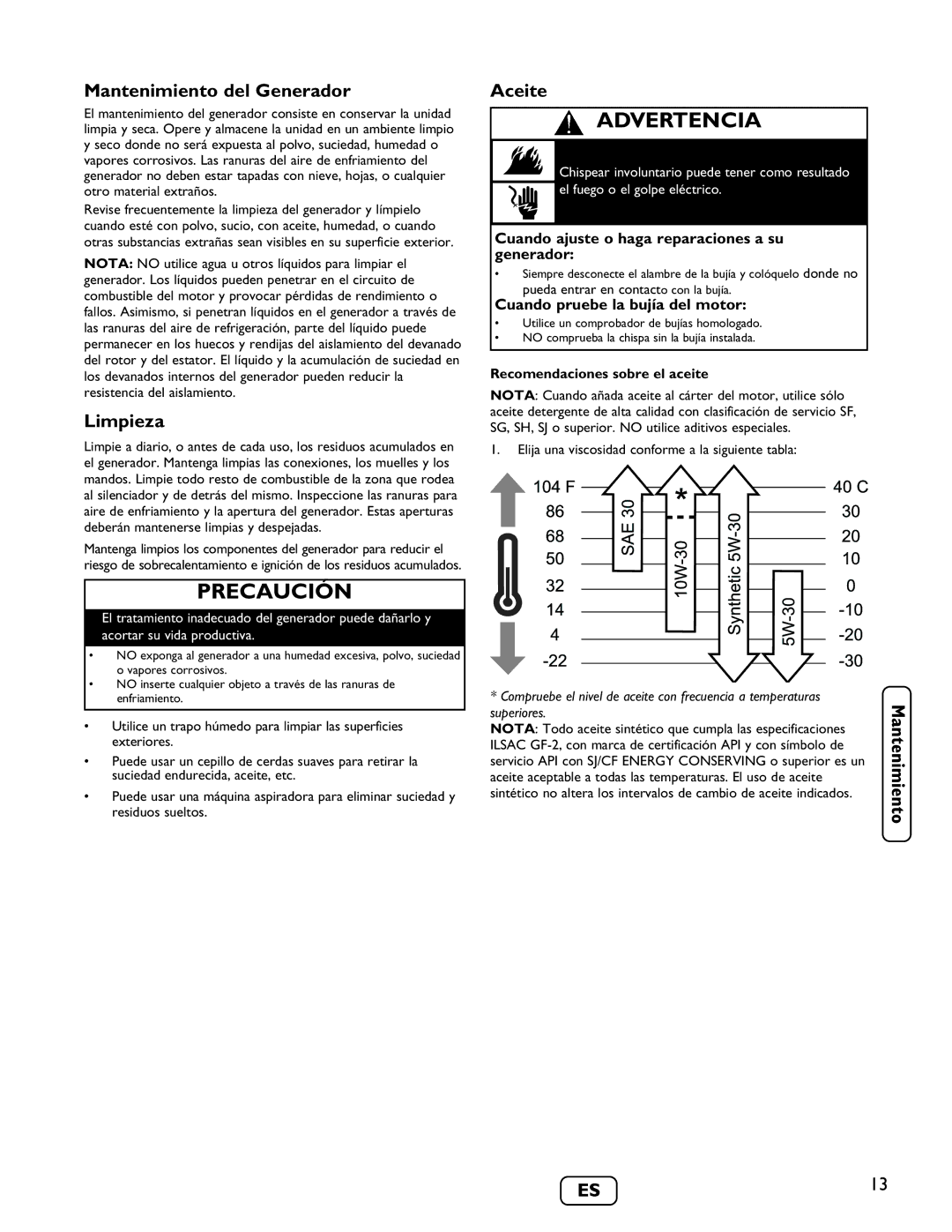Briggs & Stratton 030235-01 manual Mantenimiento del Generador, Limpieza, Aceite, Recomendaciones sobre el aceite 