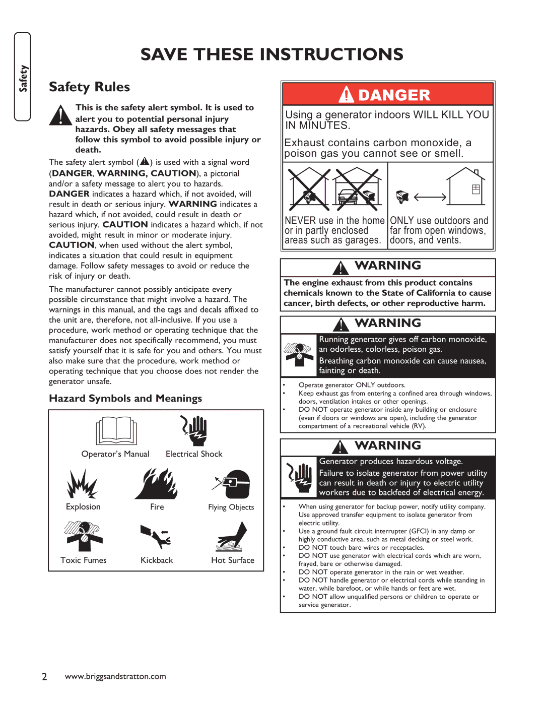 Briggs & Stratton 030235-01 manual Safety Rules, Hazard Symbols and Meanings 