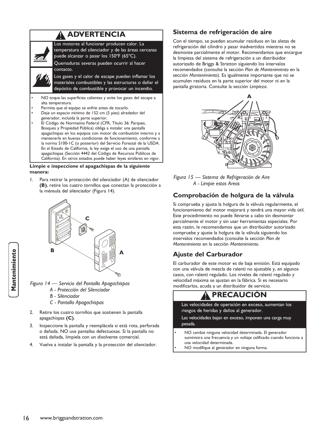 Briggs & Stratton 030235-01 Sistema de refrigeración de aire, Comprobación de holgura de la válvula, Ajuste del Carburador 