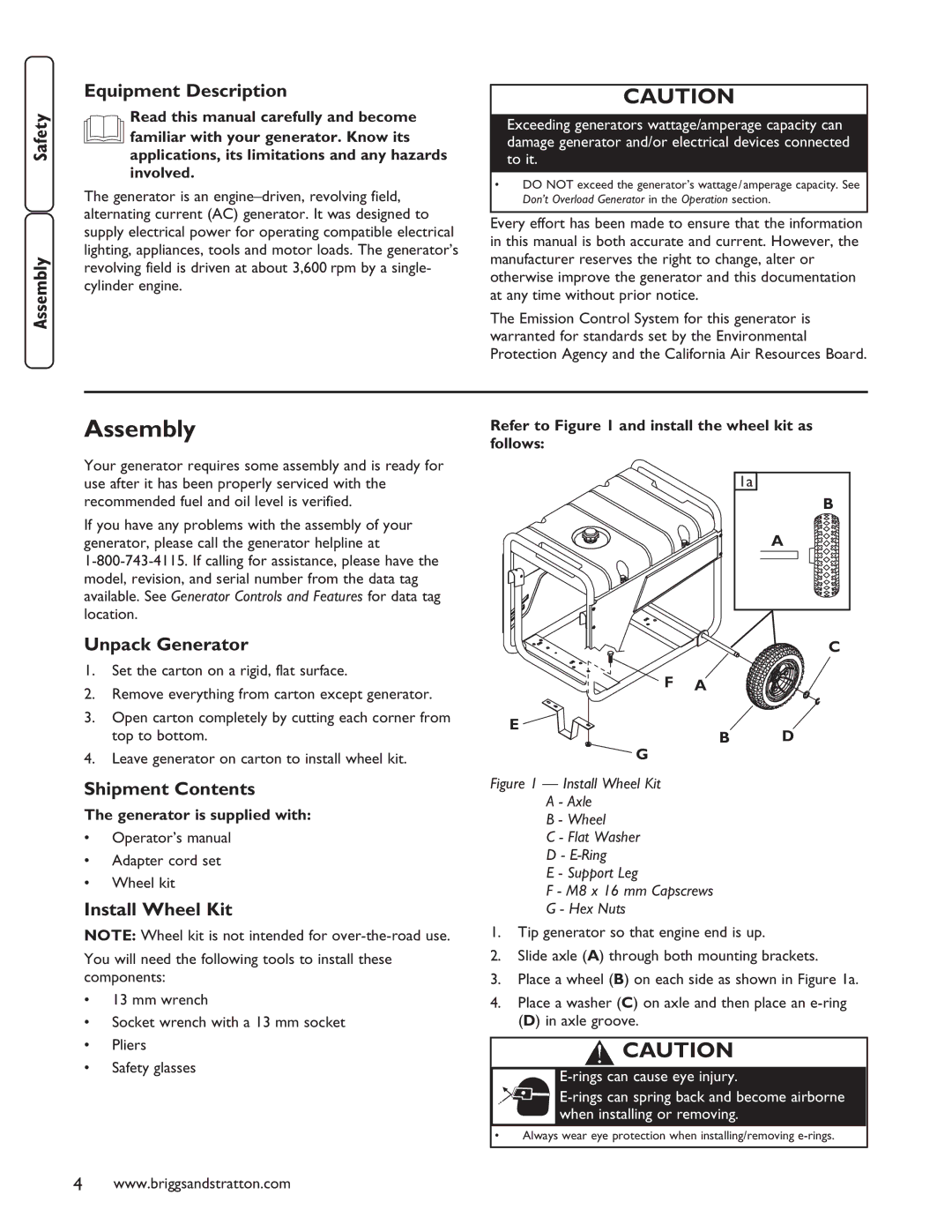 Briggs & Stratton 030235-01 manual Assembly, Equipment Description, Unpack Generator, Shipment Contents, Install Wheel Kit 