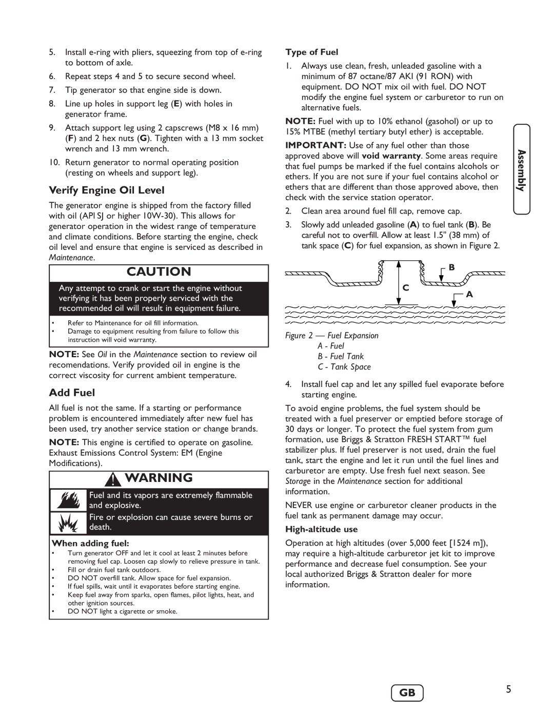 Briggs & Stratton 030235-01 manual Verify Engine Oil Level, Add Fuel, When adding fuel, Type of Fuel, High-altitude use 