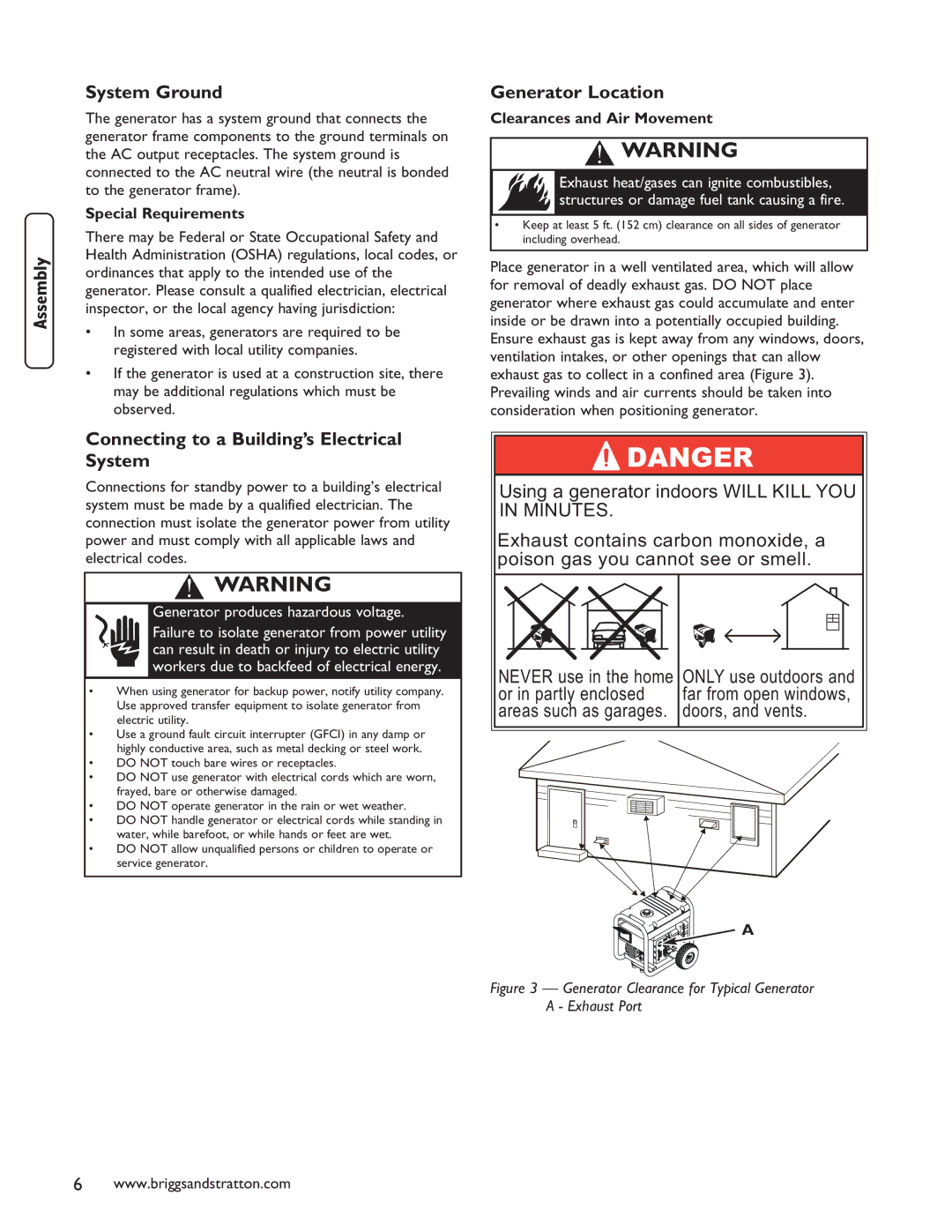 Briggs & Stratton 030235-01 manual System Ground, Connecting to a Building’s Electrical System, Generator Location 