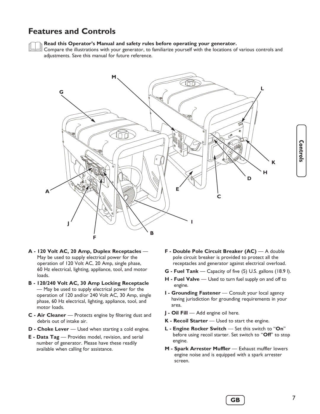 Briggs & Stratton 030235-01 manual Features and Controls, 120/240 Volt AC, 30 Amp Locking Receptacle 