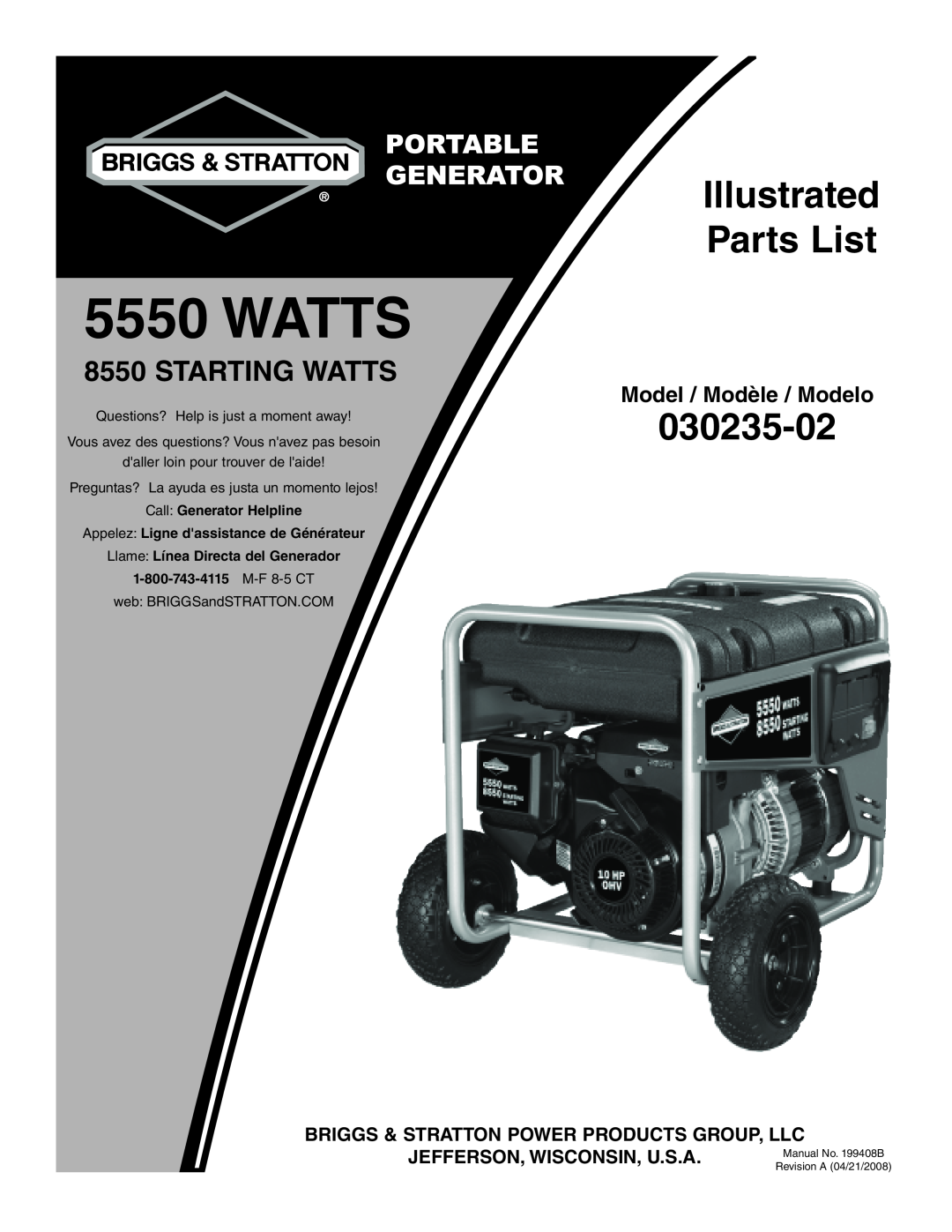 Briggs & Stratton 030235-02 manual Starting Watts, Illustrated Parts List, Model / Modèle / Modelo, M-F 8-5CT 