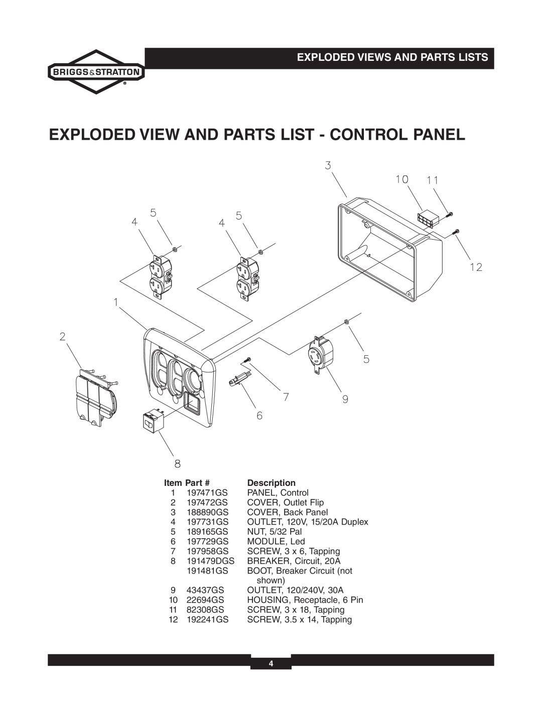Briggs & Stratton 030235-02 manual Exploded View And Parts List - Control Panel, 1 197471GS, PANEL, Control, Description 