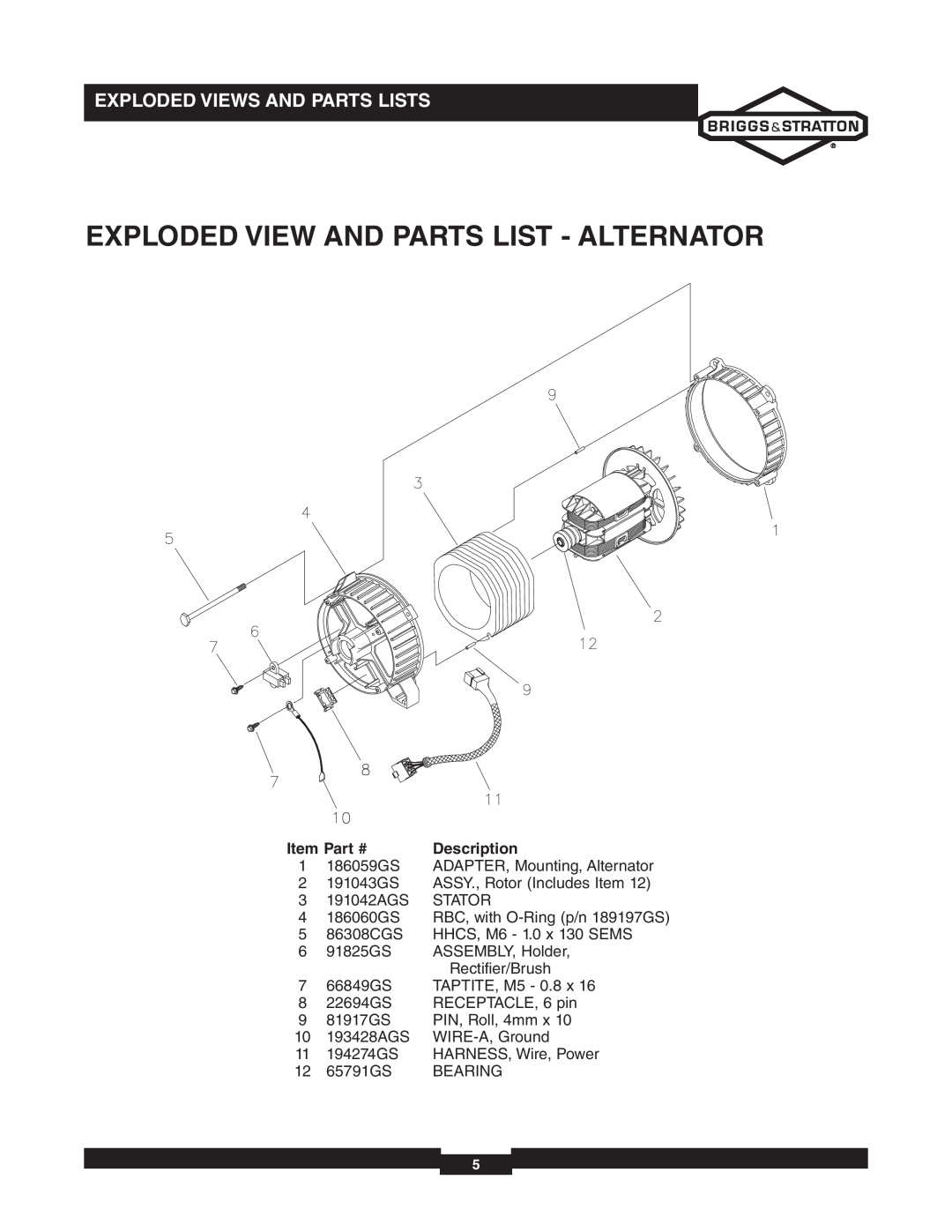Briggs & Stratton 030235-02 manual Exploded View And Parts List - Alternator, Exploded Views And Parts Lists, Description 