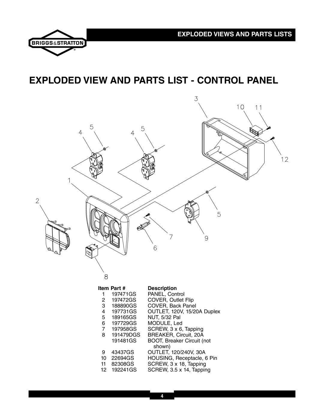 Briggs & Stratton 030235-02 manual Exploded View and Parts List Control Panel, 197471GS PANEL, Control 