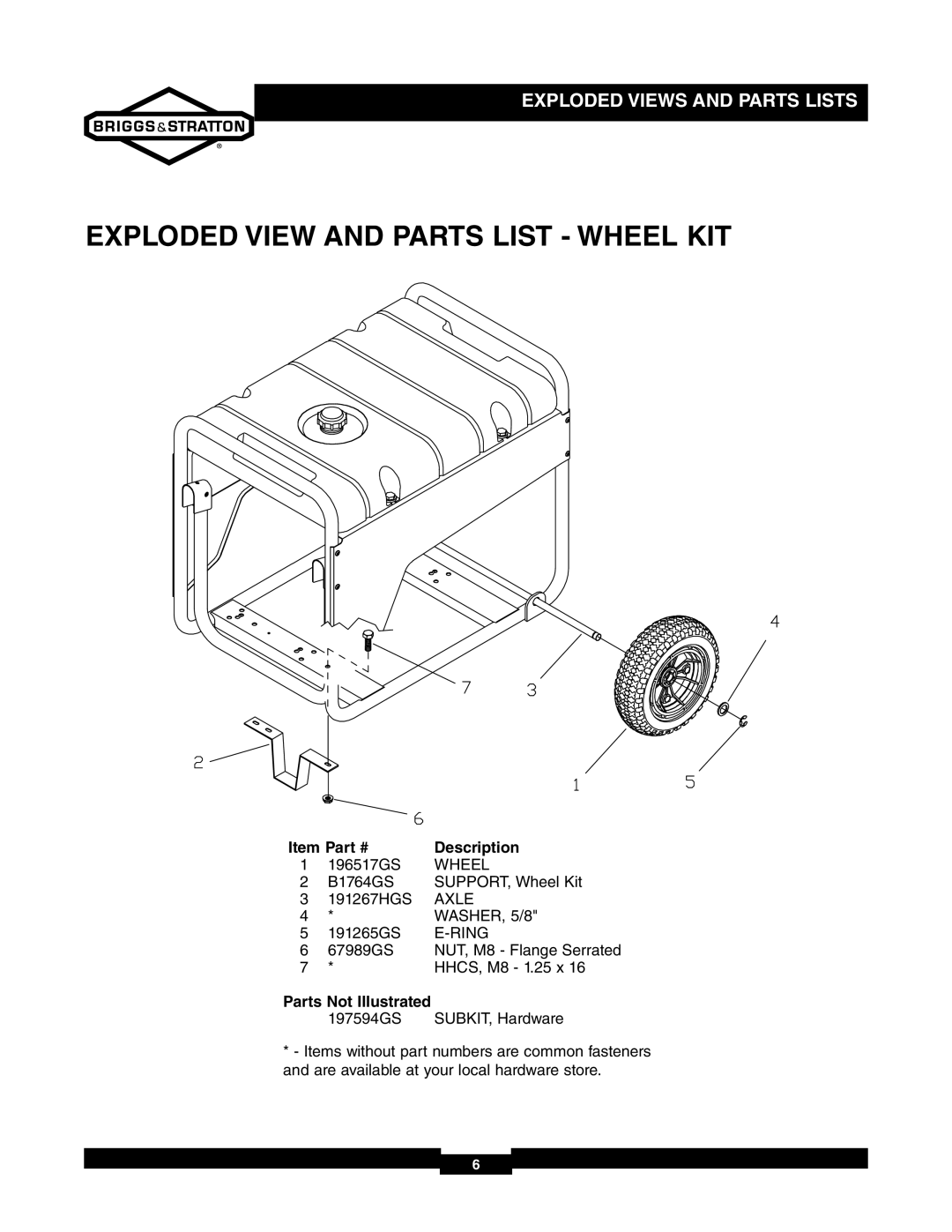 Briggs & Stratton 030235-02 manual Exploded View and Parts List Wheel KIT, Parts Not Illustrated 