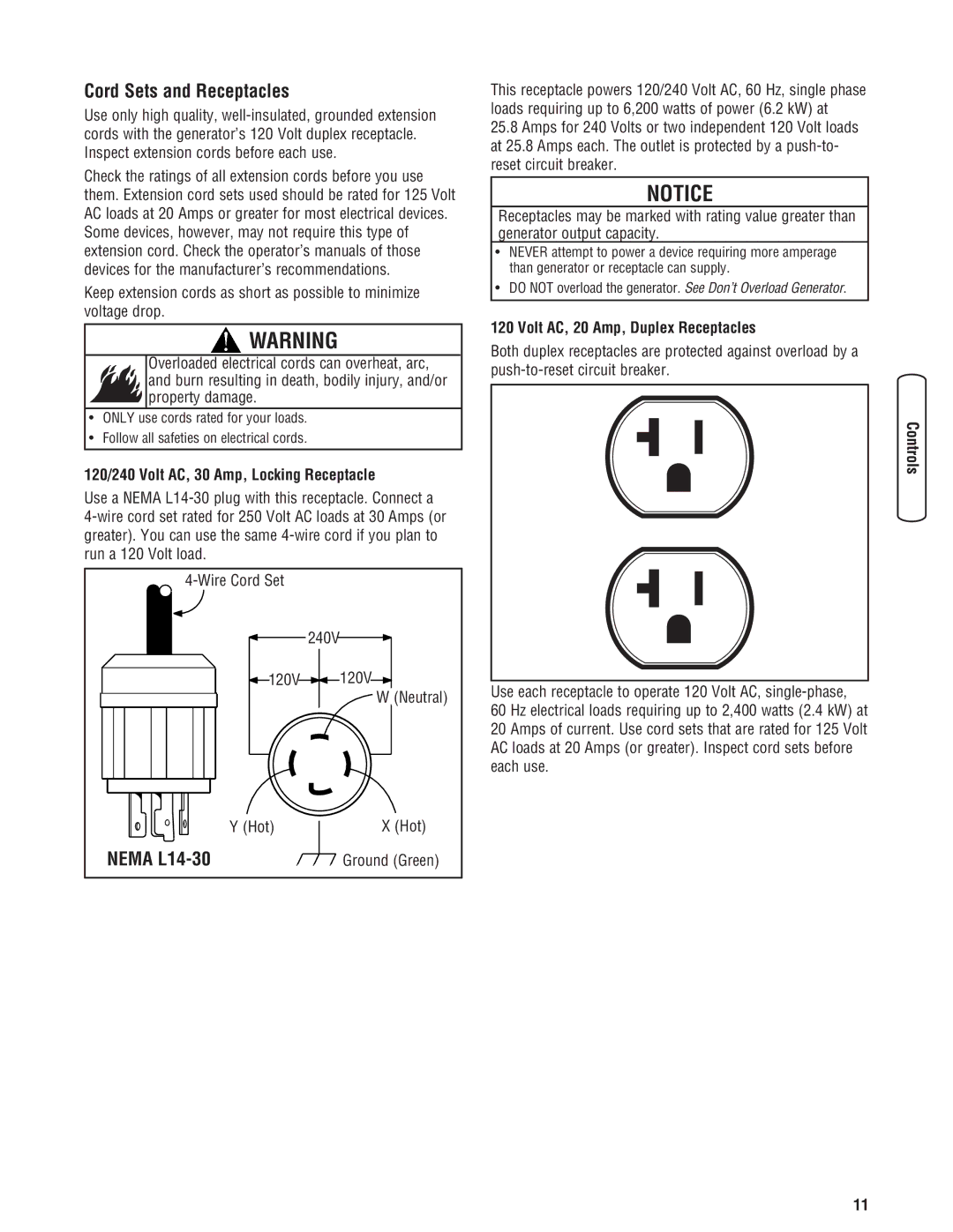 Briggs & Stratton 030242-0 manual Cord Sets and Receptacles, Nema L14-30, 120/240 Volt AC, 30 Amp, Locking Receptacle 