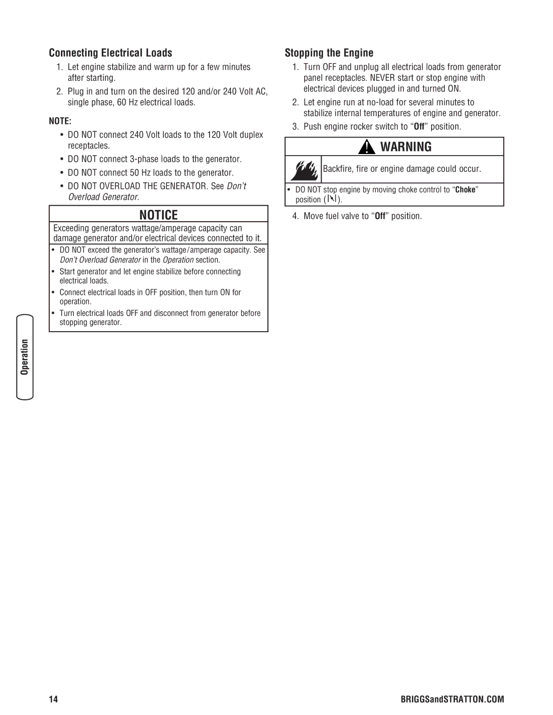 Briggs & Stratton 030242-0 manual Connecting Electrical Loads, Stopping the Engine, Move fuel valve to Off position 