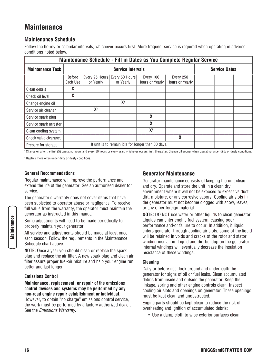 Briggs & Stratton 030242-0 manual Maintenance Schedule, Generator Maintenance 