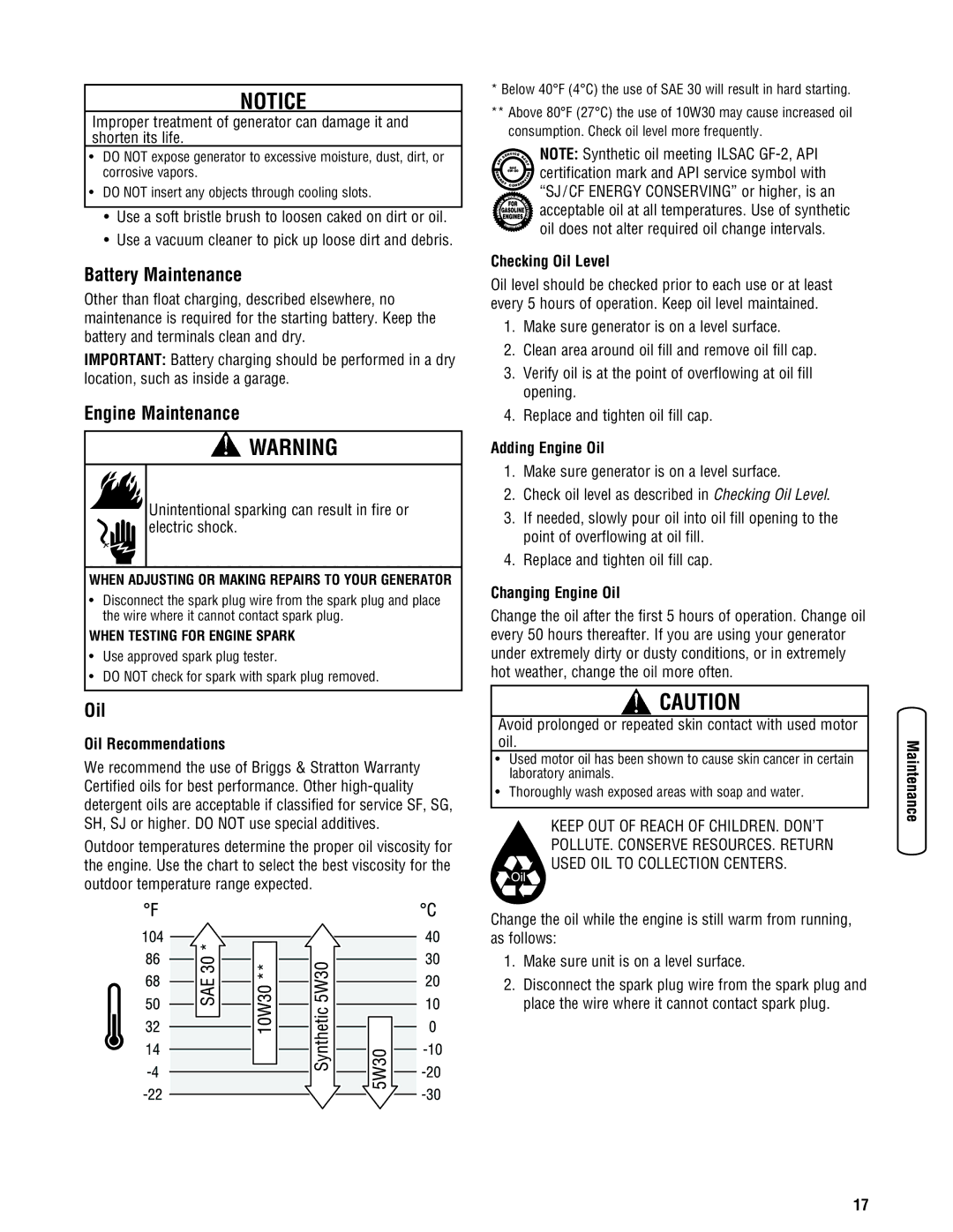 Briggs & Stratton 030242-0 manual Battery Maintenance, Engine Maintenance, Oil 