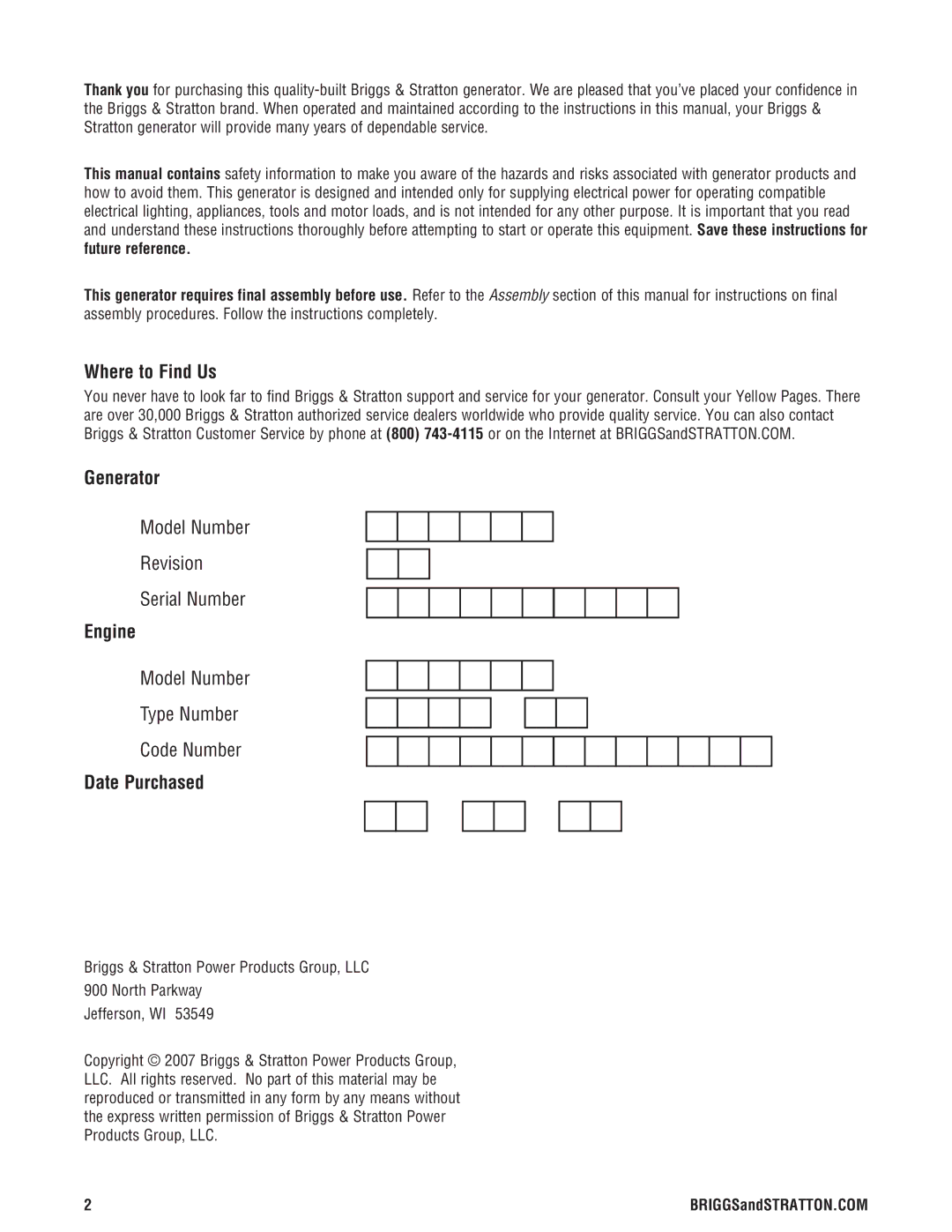 Briggs & Stratton 030242-0 manual Where to Find Us, Generator, Engine, Date Purchased 