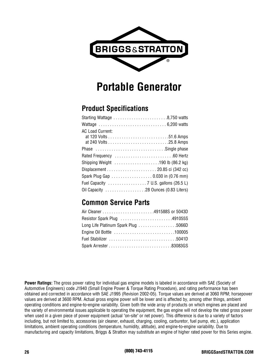 Briggs & Stratton 030242-0 manual Product Specifications, Common Service Parts, 800 