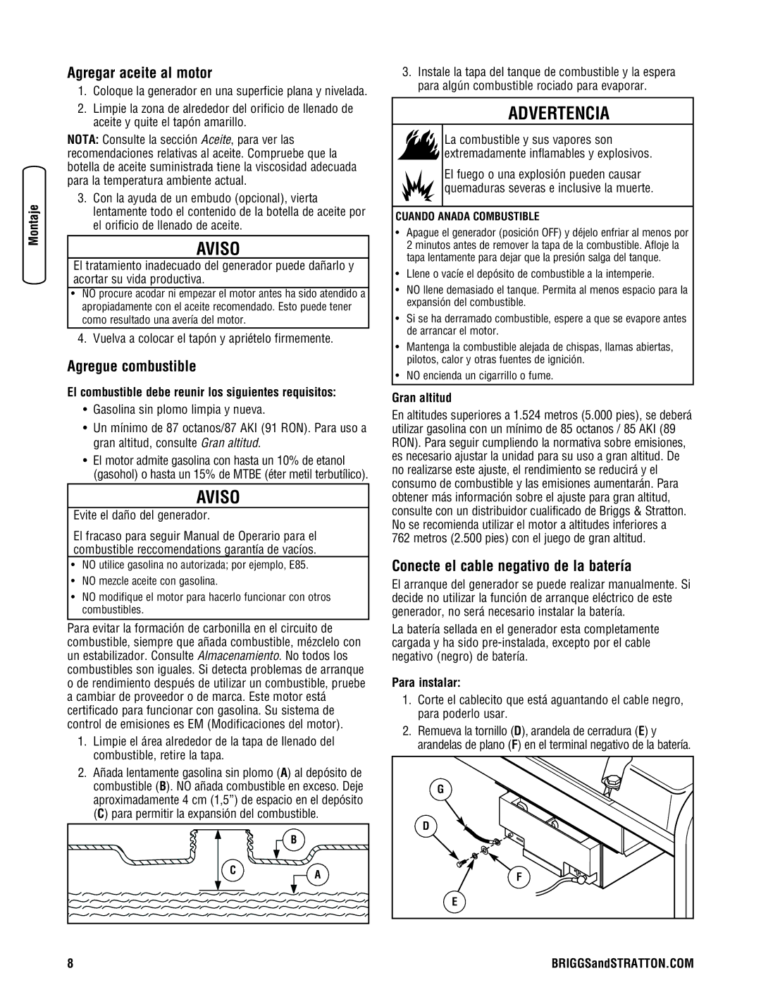 Briggs & Stratton 030242-0 manual Agregar aceite al motor, Agregue combustible, Conecte el cable negativo de la batería 