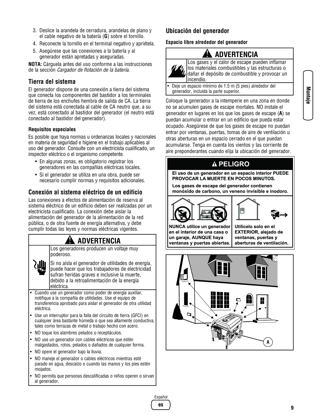 Briggs & Stratton 030242-0 manual Tierra del sistema, Conexión al sistema eléctrico de un edificio, Ubicación del generador 