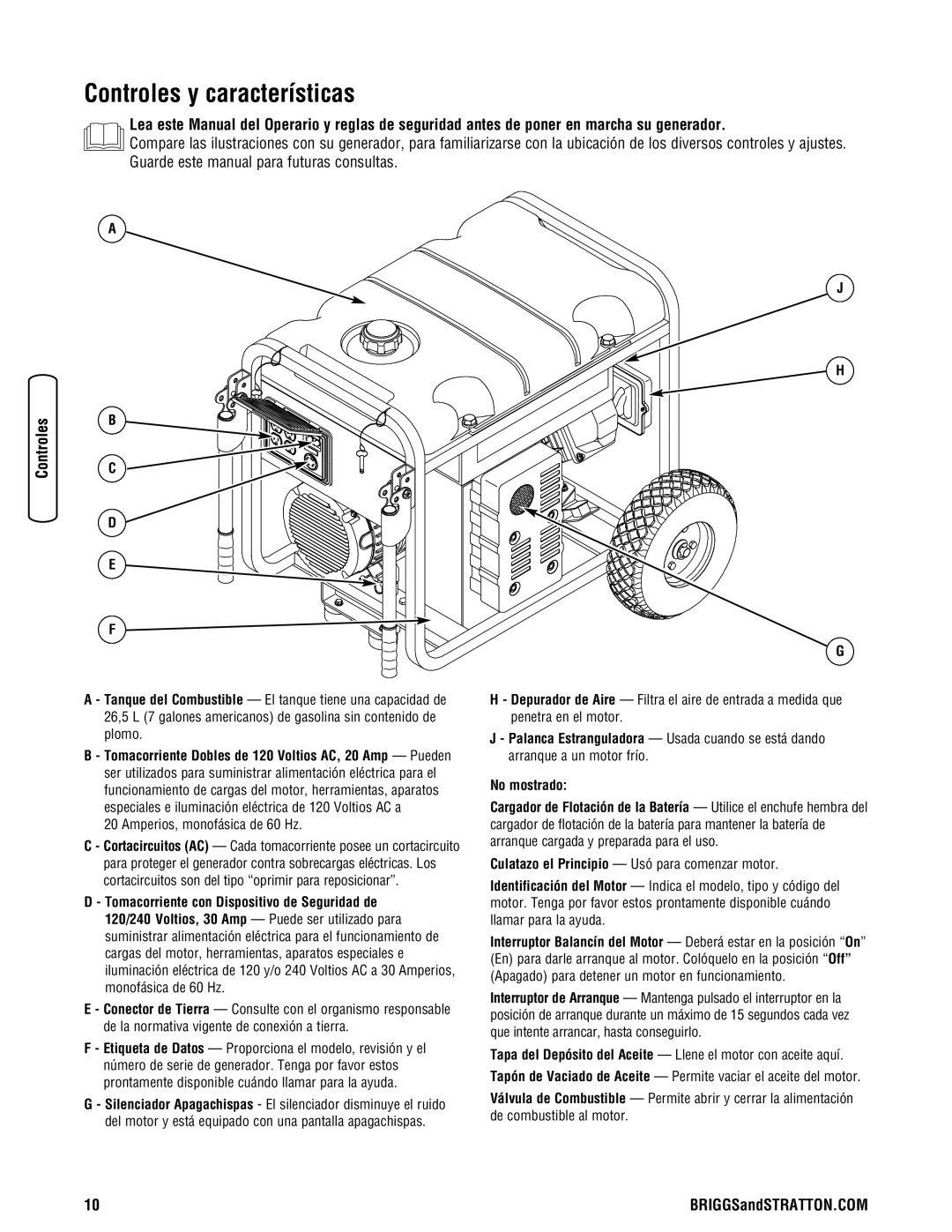 Briggs & Stratton 030242-0 manual Controles y características, Amperios, monofásica de 60 Hz 