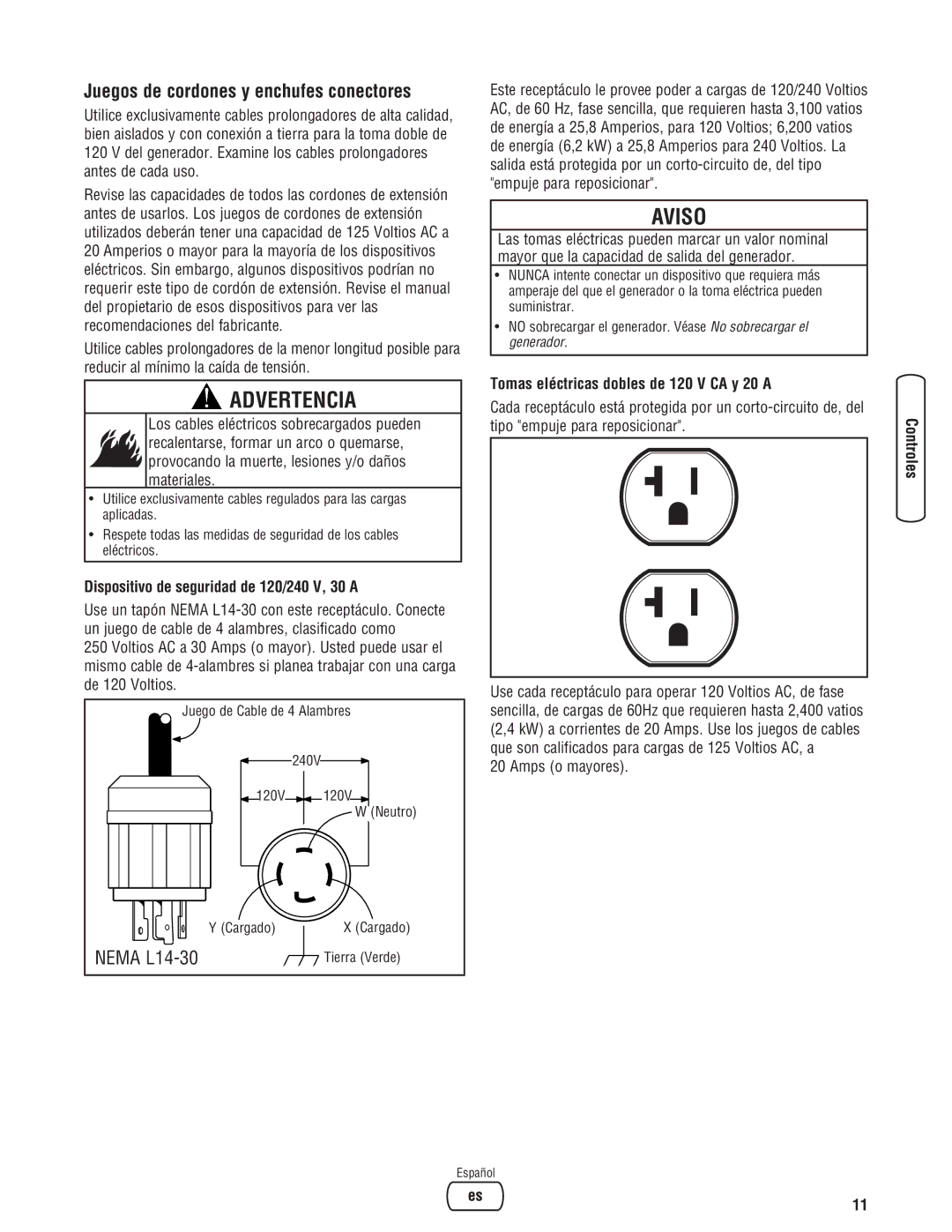 Briggs & Stratton 030242-0 manual Juegos de cordones y enchufes conectores, Tomas eléctricas dobles de 120 V CA y 20 a 