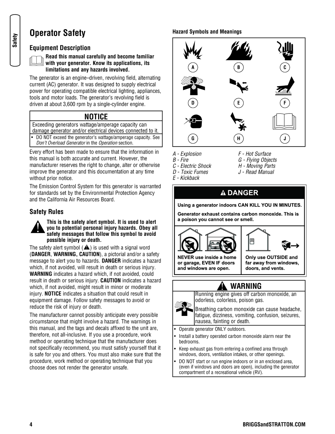 Briggs & Stratton 030242-0 manual Operator Safety, Equipment Description, Safety Rules, Hazard Symbols and Meanings 