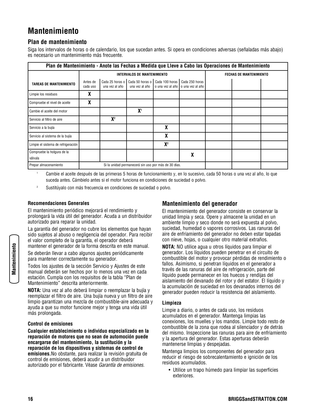 Briggs & Stratton 030242-0 manual Plan de mantenimiento, Mantenimiento del generador 